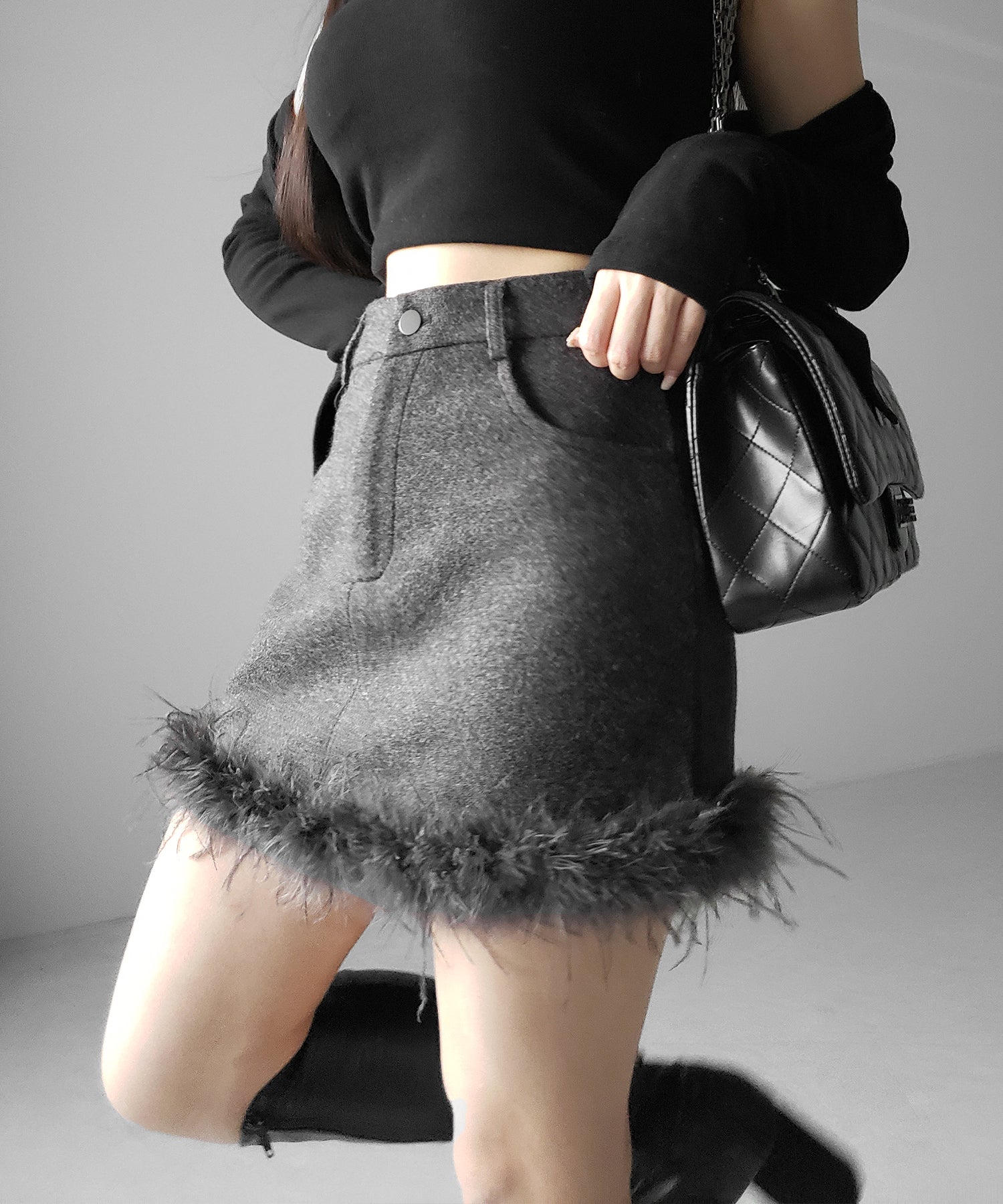 【 インナーパンツ裏地付 】ファードッキングウールライクレディミニスカート ／ fur docking woollike lady mini skirt