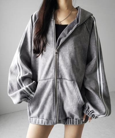 ピグメントヴィンテージ加工サイドラインジップアップパーカー ／ Pigment vintage side line zip-up hoodie