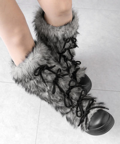 ボリュームフェイクファーレースアップロングブーツ ／ volume fake fur laceup long boots