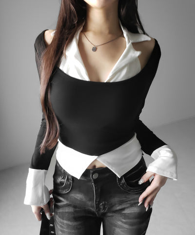 カットアウトフェイクレイヤード長袖Ｔシャツ ／ shirts like cutout fake layered long sleeve T-Shirt