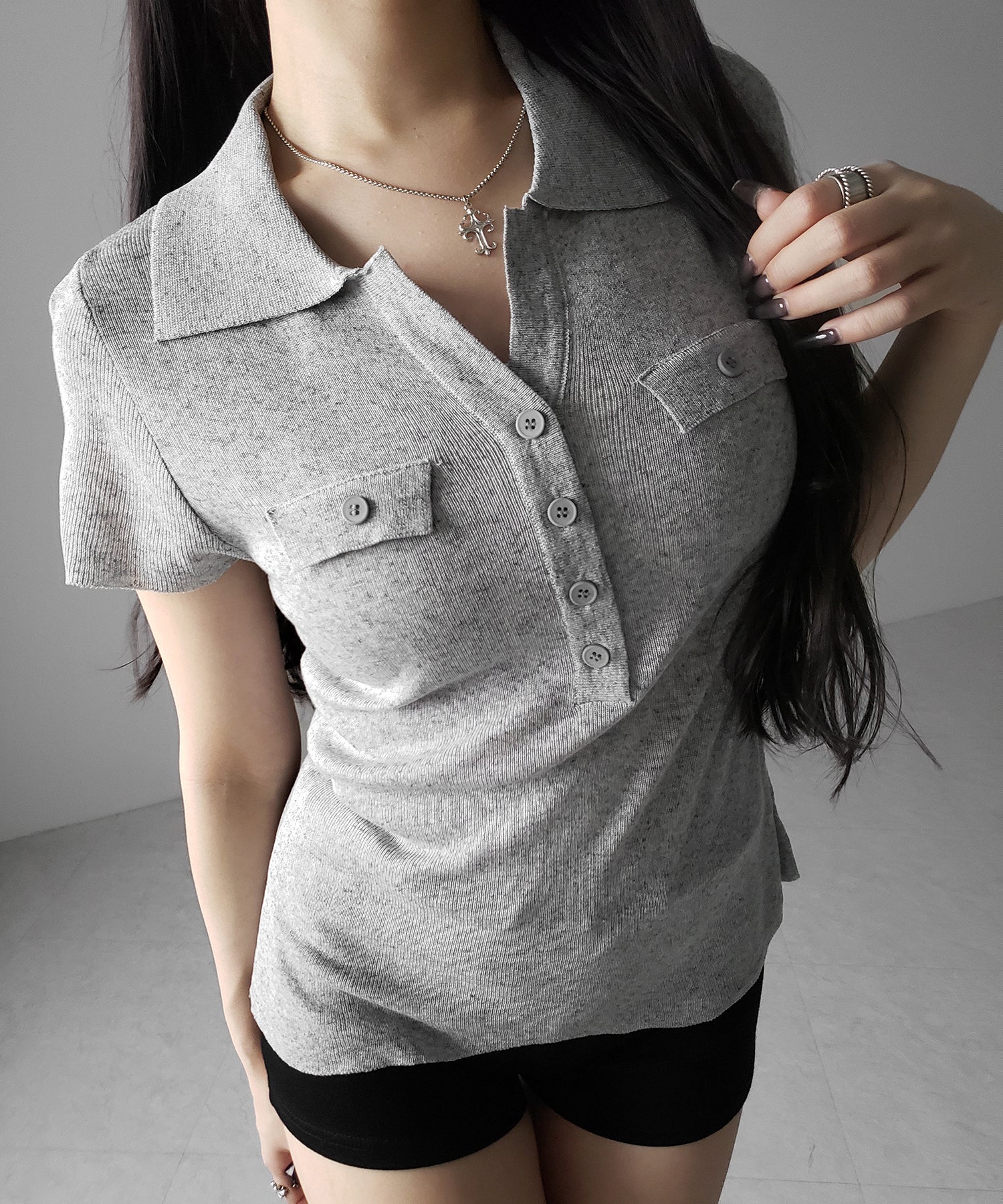 スキッパーボタンロングシアーニットトップス ／ skipper button long sheer knit tops