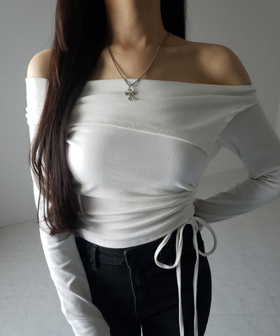 シャーリングリボンショートオフショルカットソートップス ／ shirring ribbon short off shoulder cutsew tops