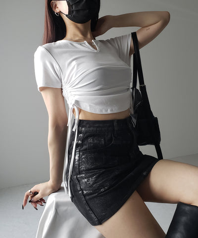 【 ２color 】サイドシャーリングリボン半袖ショートＴシャツ ／ side shirring ribbon short Tee