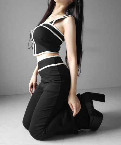 【 セットアップ】フロントボタンパイピングビスチェ＋ フレアパンツ ＳＥＴ ／ 【 SETUP 】front button piping buister ＋ flare pants SET