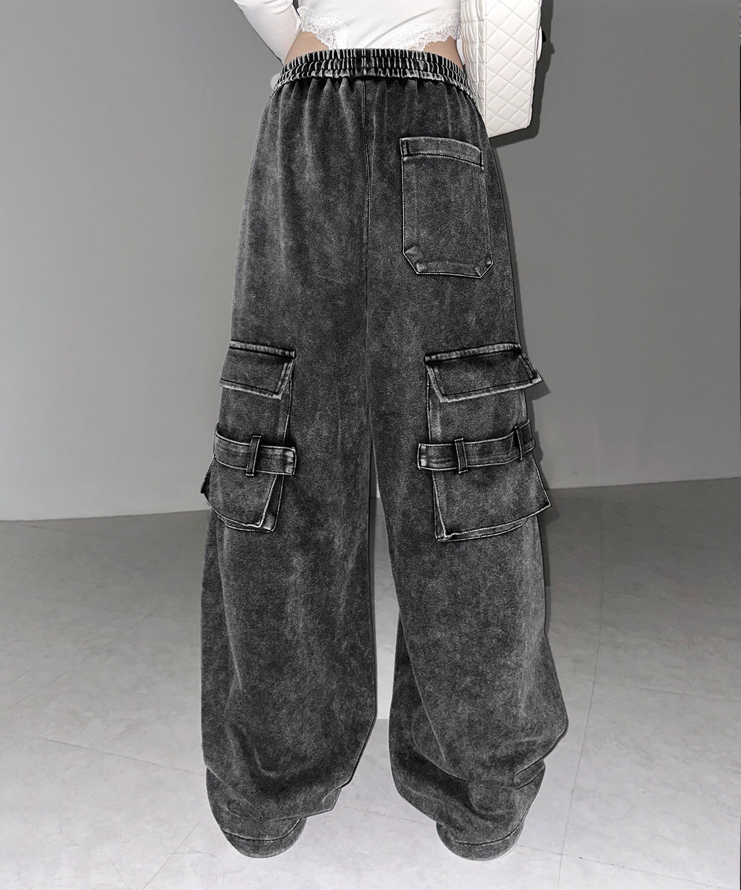 【 裾絞り可能２WAY 】サイドラインピグメントワイドカーゴスウェットパンツ ／ sideline pigment wide cargo sweatpants