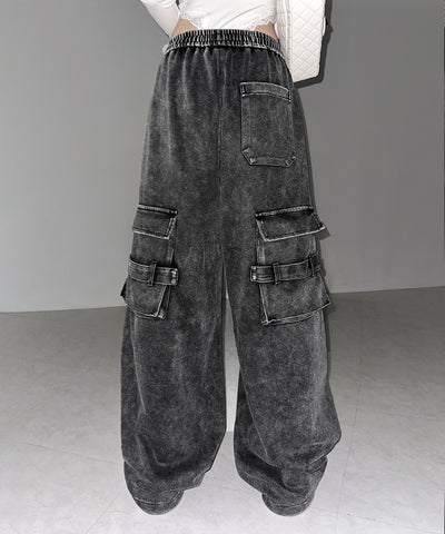 【 裾絞り可能２WAY 】サイドラインピグメントワイドカーゴスウェットパンツ ／ sideline pigment wide cargo sweatpants