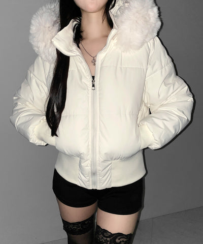 フェイクファーフード中綿ショートジャケット ／ fake fur hoodie fake down short jacket