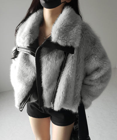 【 ２WAY 】ジップアップレザードッキングフェイクファーコート ／ zip up leather docking fake fur coat