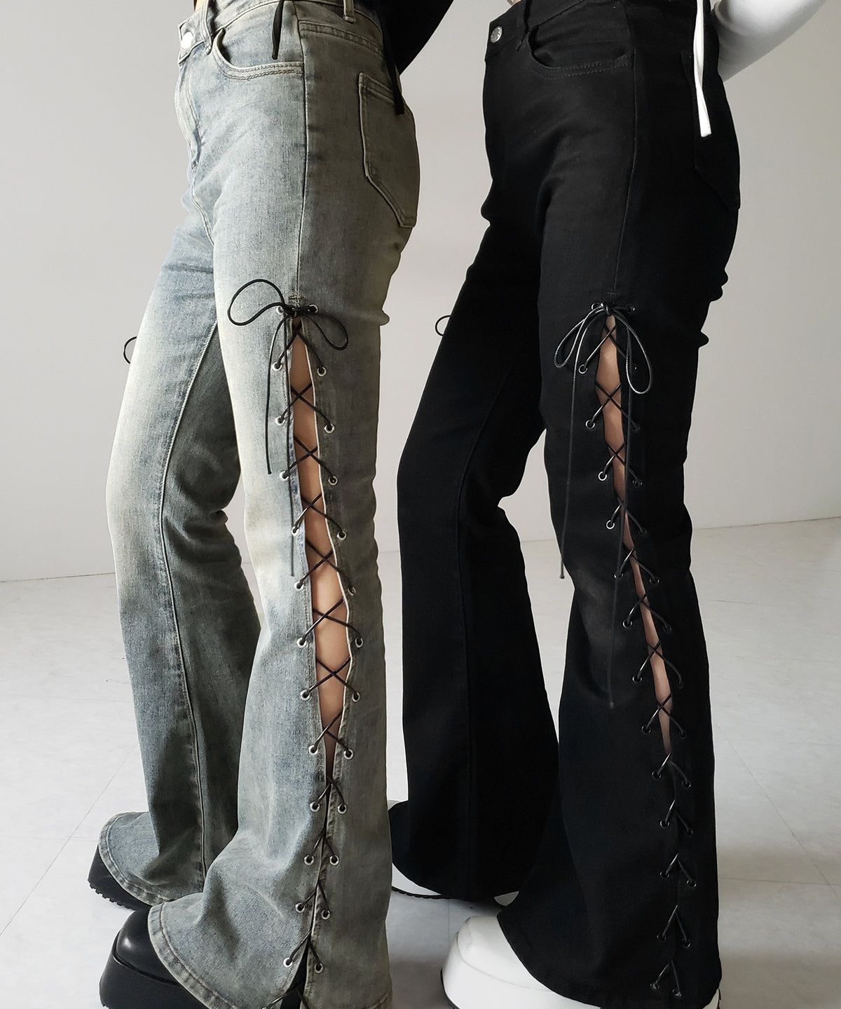 レースアップカットアウトストレッチフレアデニム ／ lace up cutout stretch flare denim