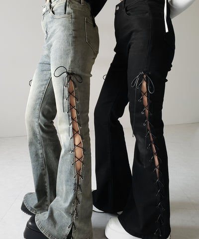 レースアップカットアウトストレッチフレアデニム ／ lace up cutout stretch flare denim