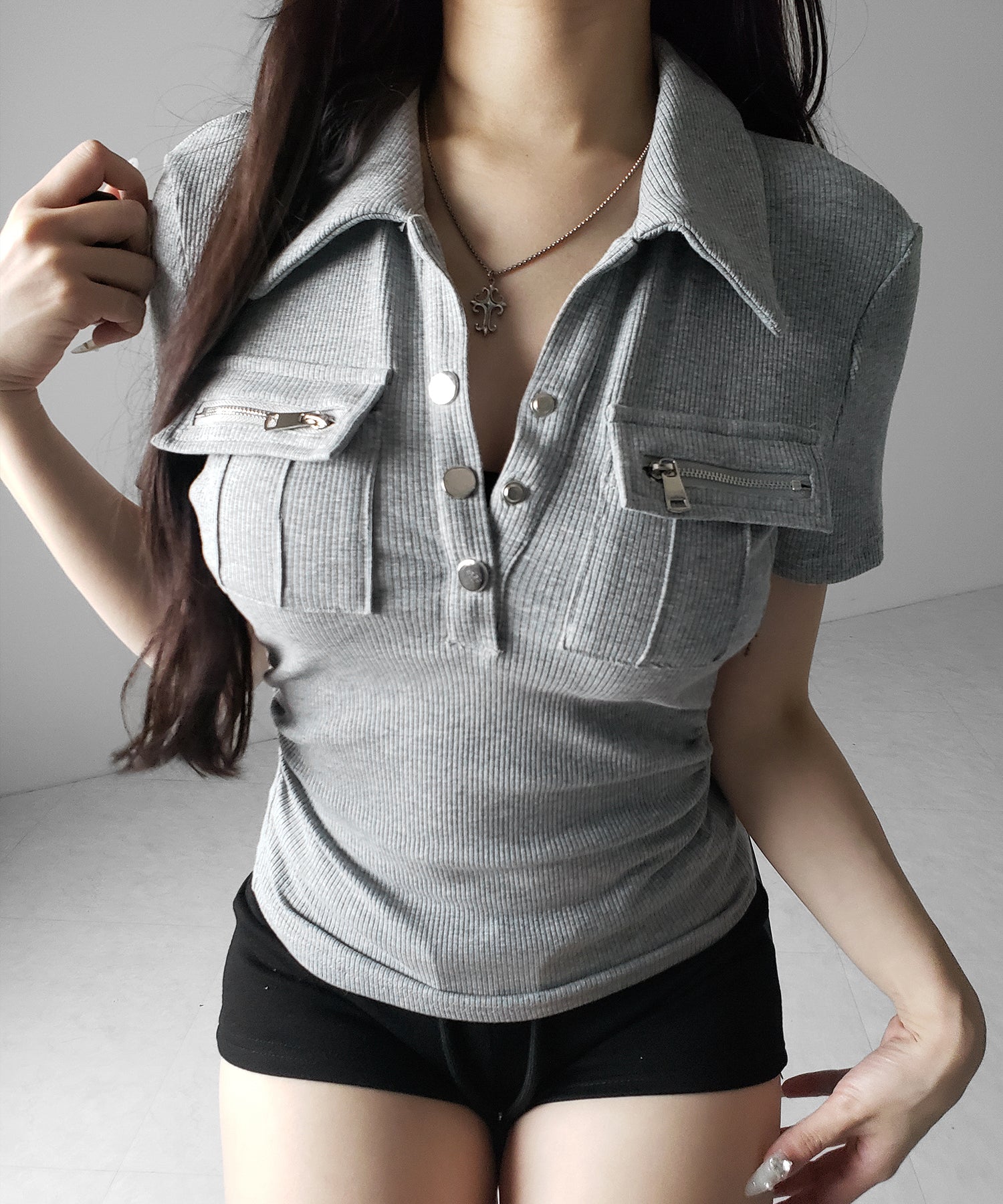 アウトポケットポロネックリブカットソートップス ／ out pocket polo neck rib cutsew tops
