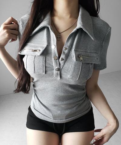 アウトポケットポロネックリブカットソートップス ／ out pocket polo neck rib cutsew tops