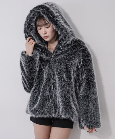 フェイクファーフーディミドルコート ／ fake fur hoodie middle coat
