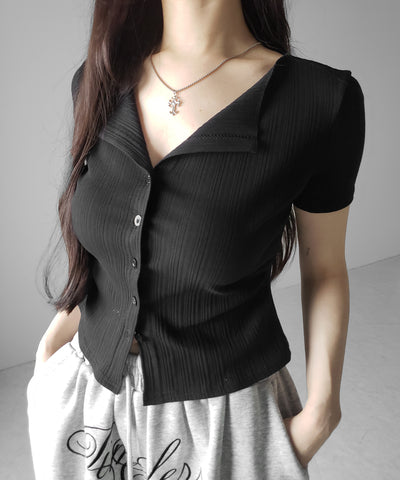 フロントボタン半袖リブカーデトップス ／ front button short sleeve lib cardigan tops