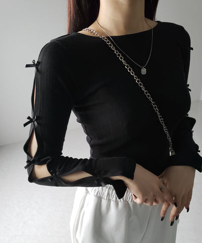 【 ２color 】ミニリボンカットアウト長袖カットソートップス