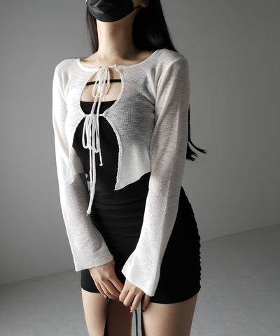 【 ２color 】ダブルリボンシアーニットショートカーディガン ／ double ribbon sheer knit short cardigan