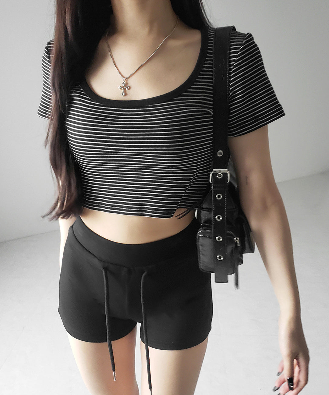 【 ２color 】ピンボーダースクエアネックショートＴシャツ ／ pin border square neck short T-shirt