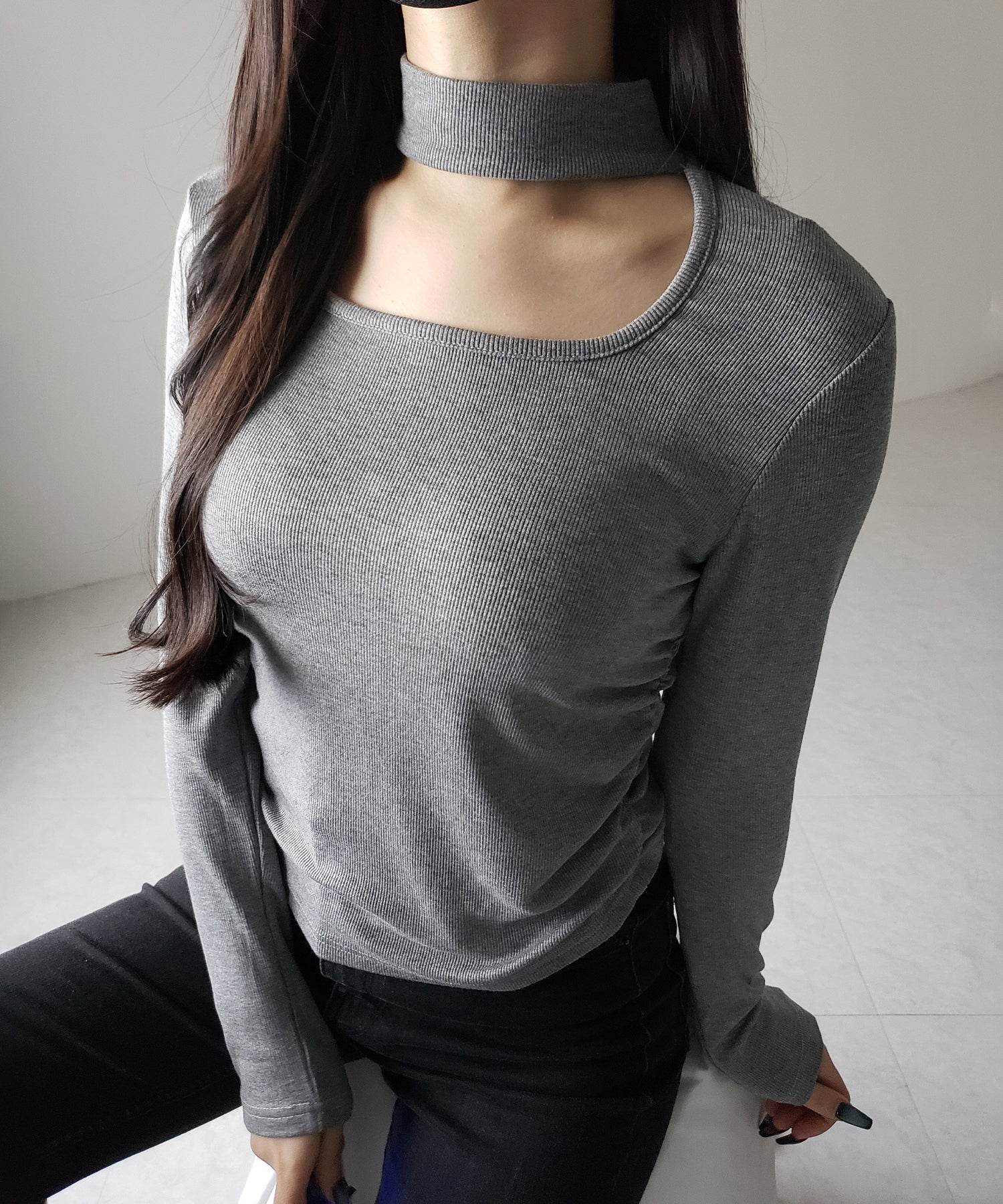 【 ３color ／ 裏起毛 】スクエアネックチョーカーシャーリングトップス ／ square neck choker shirring tops