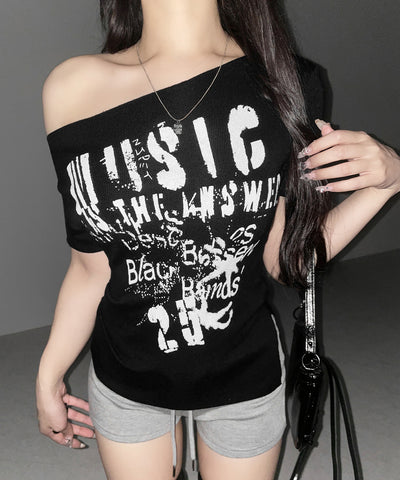 グランジロゴプリント半袖スリムニットトップス ／ grunge logo print shortsleeve slim knit tops