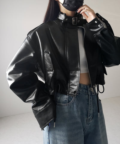 【 ２WAY 】スタンドカラーベルテッドフェイクレザーショートブルゾン ／ stand collar belted fake leather short blouson