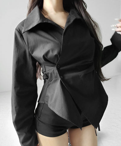 タックレイヤードアシンメトリーミディシャツ ／ tuck layered asymmetry midi shirts