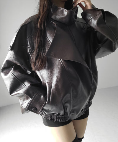 ヴィンテージフェイクレザースタンドカラージップアップブルゾン ／ 2WAY vintage fake leather stand collar zipup blouson