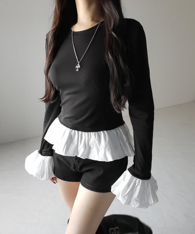 【 ２color 】裾バルーンフリルカットソートップス ／ hem balloon frill cutsew tops
