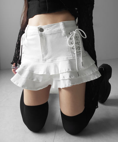 【 インパン裏地付 】レースアップブラックフリルミニスカート ／ laceup black frill mini skirt