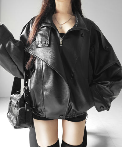 ヴィンテージフェイクレザースタンドカラージップアップブルゾン ／ 2WAY vintage fake leather stand collar zipup blouson