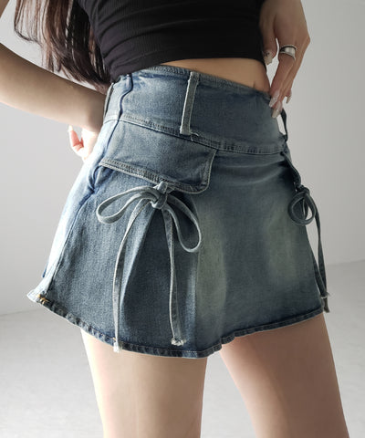 【 ２color ／ ３size 】ヴィンテージライクリボンデニムミニスカパン ／ vintage like ribbon denim mini skirt pants