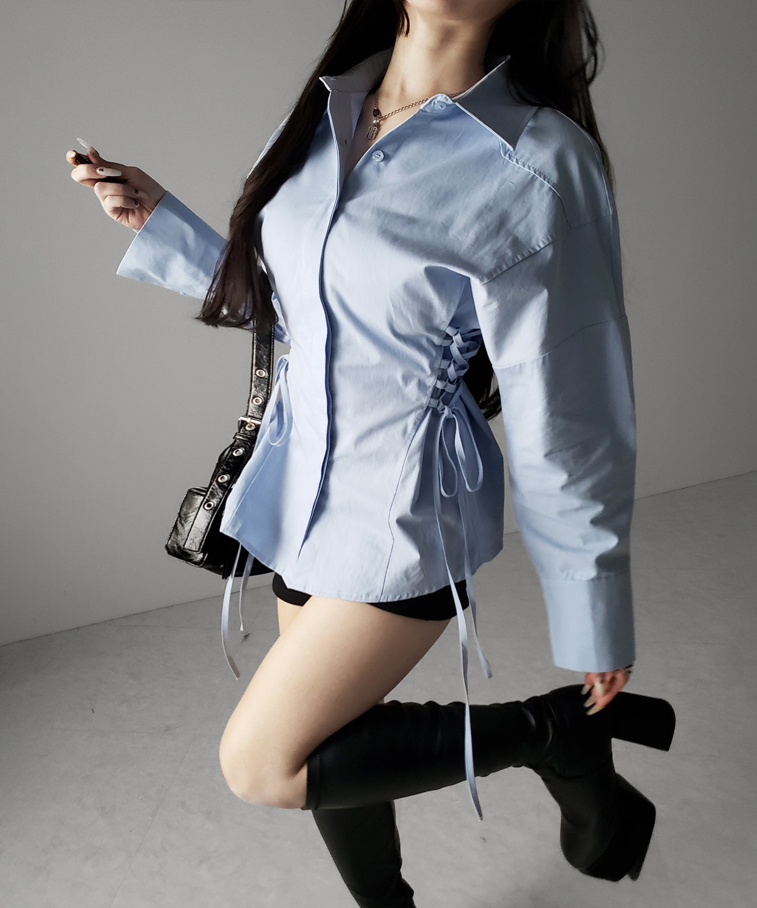 レースアップサイドリボンスリムラインシャツ ／ lace up side ribbon slim line shirt