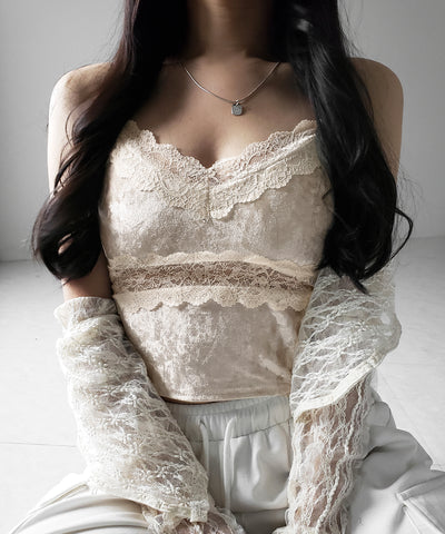 【 カップ付き 】ダブルレースベロアショートビスチェキャミソール ／ double lace velor short bustier camisole