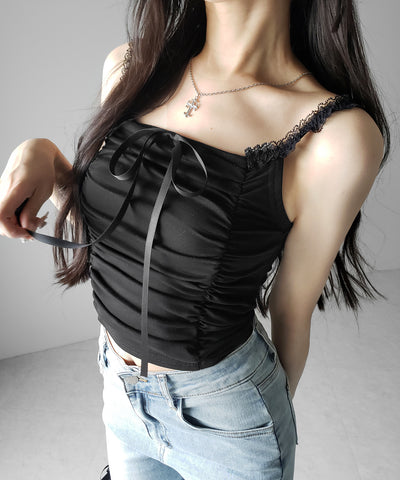シャーリングギャザーフロントリボンキャミソール ／ shirring gather front ribbon camisole