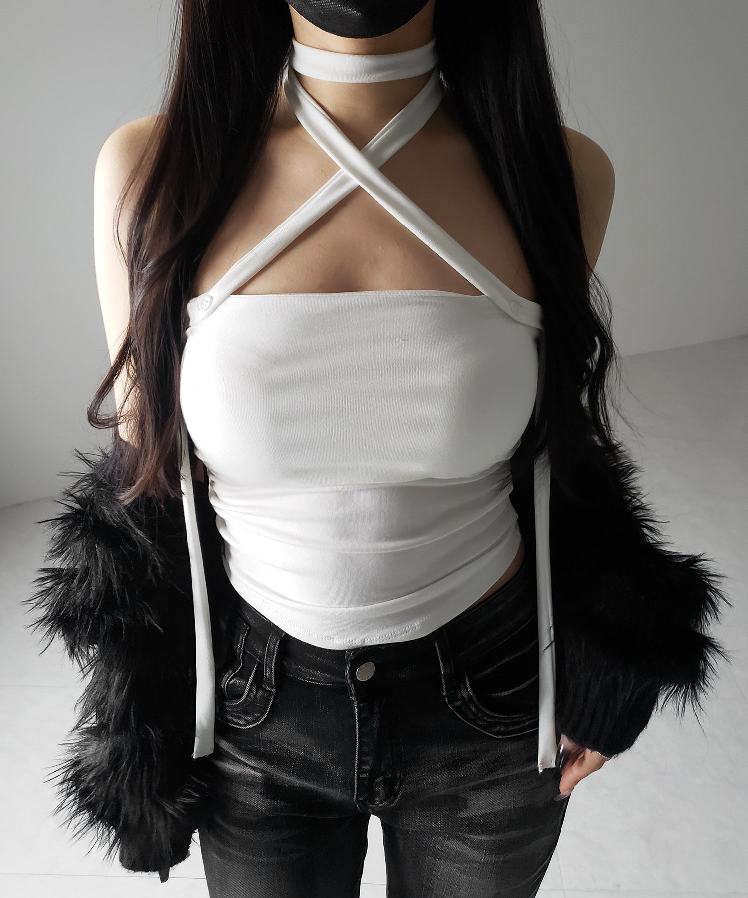 【 ３color ／ カップ付 】ロングチョーカークロスネックキャミソール ／ long choker cross neck camisole