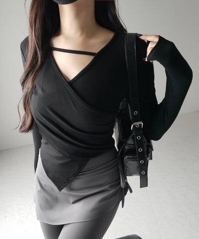 【 ３color 】ラインストラップギャザークロスレイヤードトップス ／ line strap gather cross layered Tops