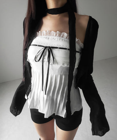 【 ２color 】フロントリボンレースフレアベアトップ ／ front ribbon lace flare bare top