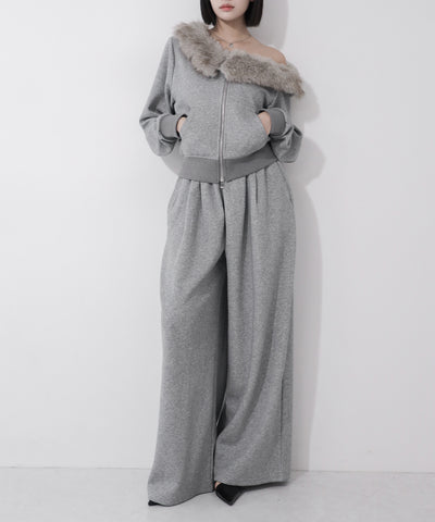 【 セットアップ 】ファーダブルジップワンショルスウェット＆タックワイドスウェットパンツ ／ Fur double-zip one-shoulder sweatshirt ＆ tuck wide sweatpants SETUP