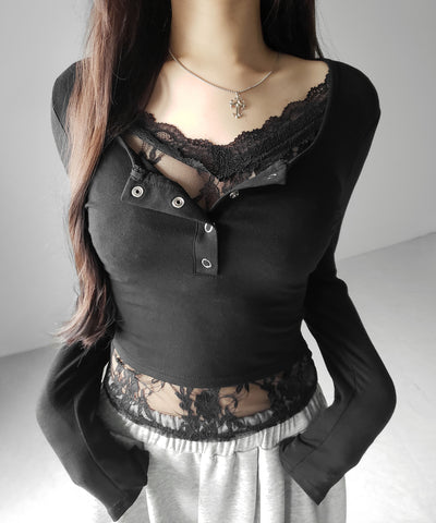 【 人気アイテムの長袖verが新登場！ 】レースレイヤードヘンリーネックスクエア長袖Ｔシャツ ／ lace layered henley neck square long sleeve T-shirt