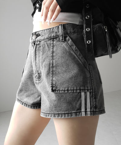 【 ２color 】サイドラインハイウエストデニムショートパンツ ／ sideline highwaist denim short pants