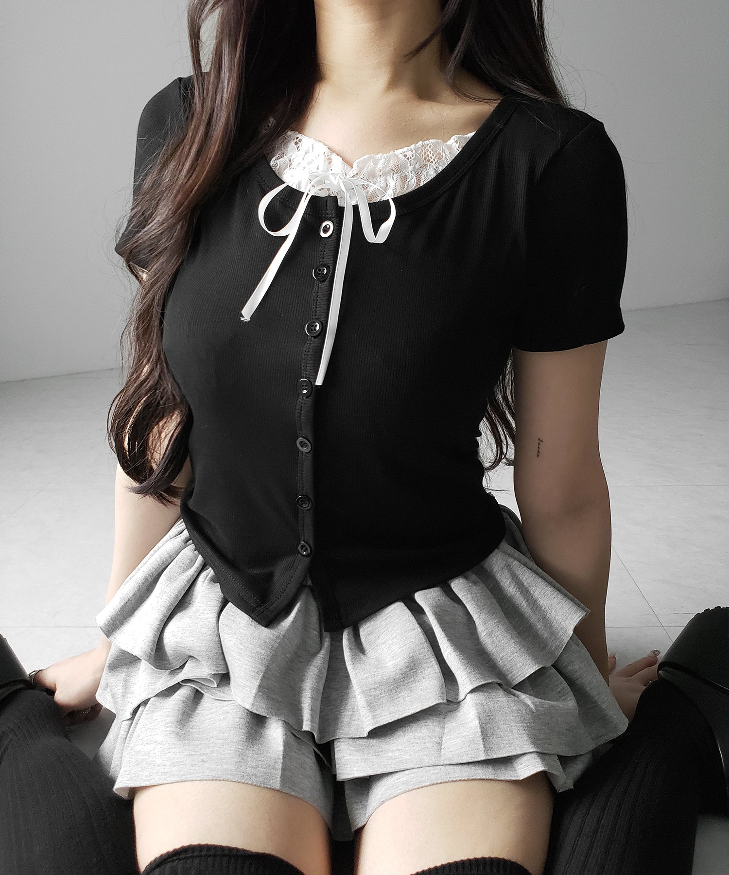 フロントリボンレースレイヤード半袖リブトップス ／front ribbon lace layered short sleeve rib tops