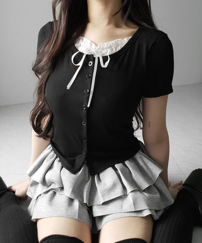 フロントリボンレースレイヤード半袖リブトップス ／front ribbon lace layered short sleeve rib tops