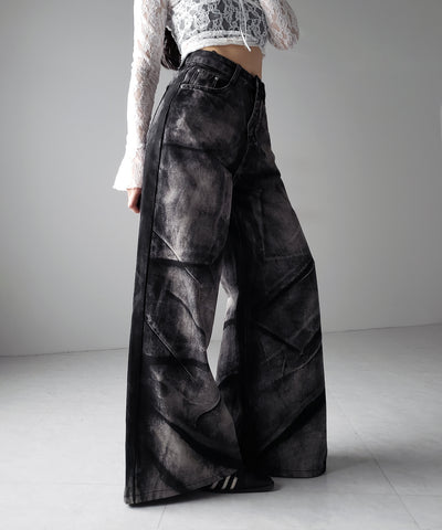 【 ４size 】CRACKクラッシュヘビーブリーチブラックワイドデニム ／ CRACK crash heavy bleach black wide denim