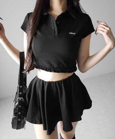 【 セットアップ 】ロゴプレート半袖トップス＋フレアミニスカパン SET ／( SETUP ) logo plate short sleeve tops + flared mini skirt pants
