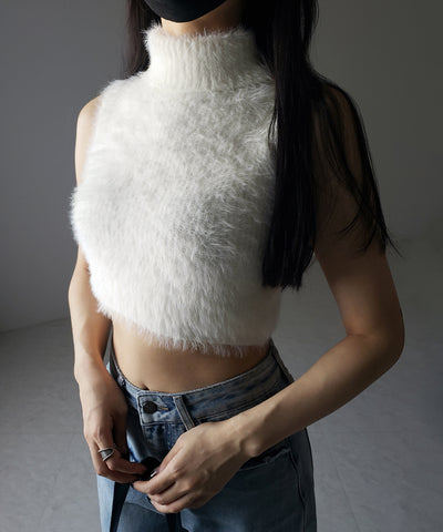 【 ３color 】タートルネックショートシャギーノースリニットトップス ／ turtleneck short shaggy nosleeve knit tops
