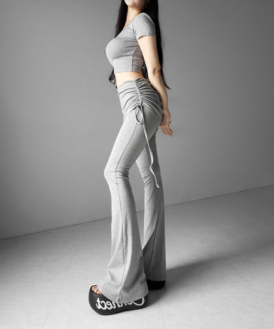 【 ワンホンセットアップ 】スクエアショートＴシャツ＋サイドシャーリングフレアパンツ ＳＥＴ ／ 【 SETUP 】square neck short T-shirts + side shirring flare pants