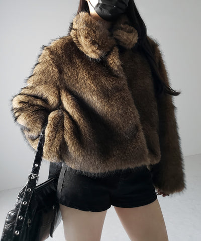 スタンドカラーミックスファーショートコート ／ stand-collar mix fur short coat