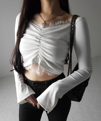 【 ２color 】レースドッキングシャーリングショートカットソートップス ／ lace docking shirring short cutsew tops