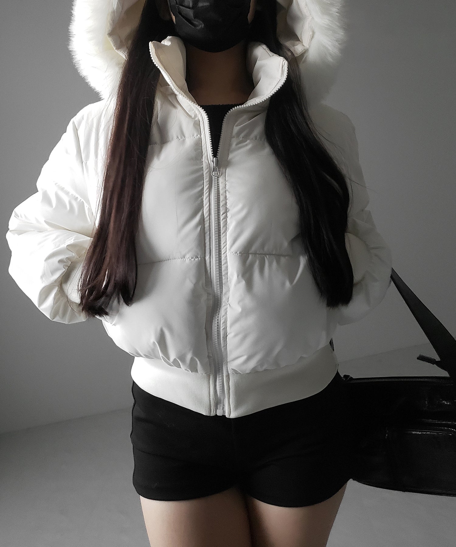 【 フード取り外し可能２ＷＡＹ 】フェイクファーフードショートダウンジャケット ／ 2WAY fake fur hoodie short down jacket