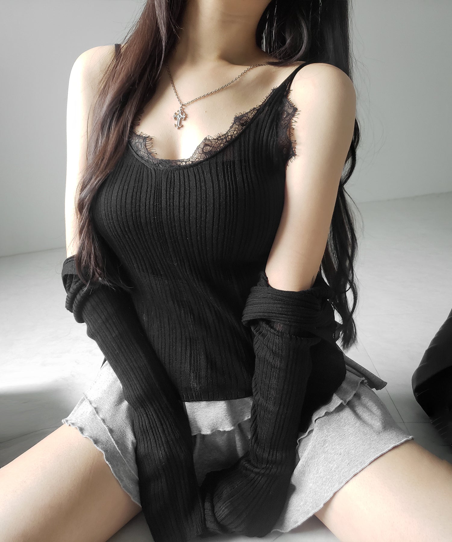 【 ２点セット 】レースニットキャミソール ＋ シアーニットカーディガン SET ／ lace knit camisole + sheer knit cardigan SET