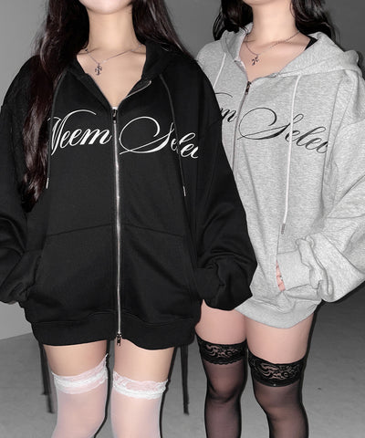 【 セットアップ可能 】レタリングロゴプリントダブルジップビッグパーカー ／ lettering logo print double zip BIG hoodie